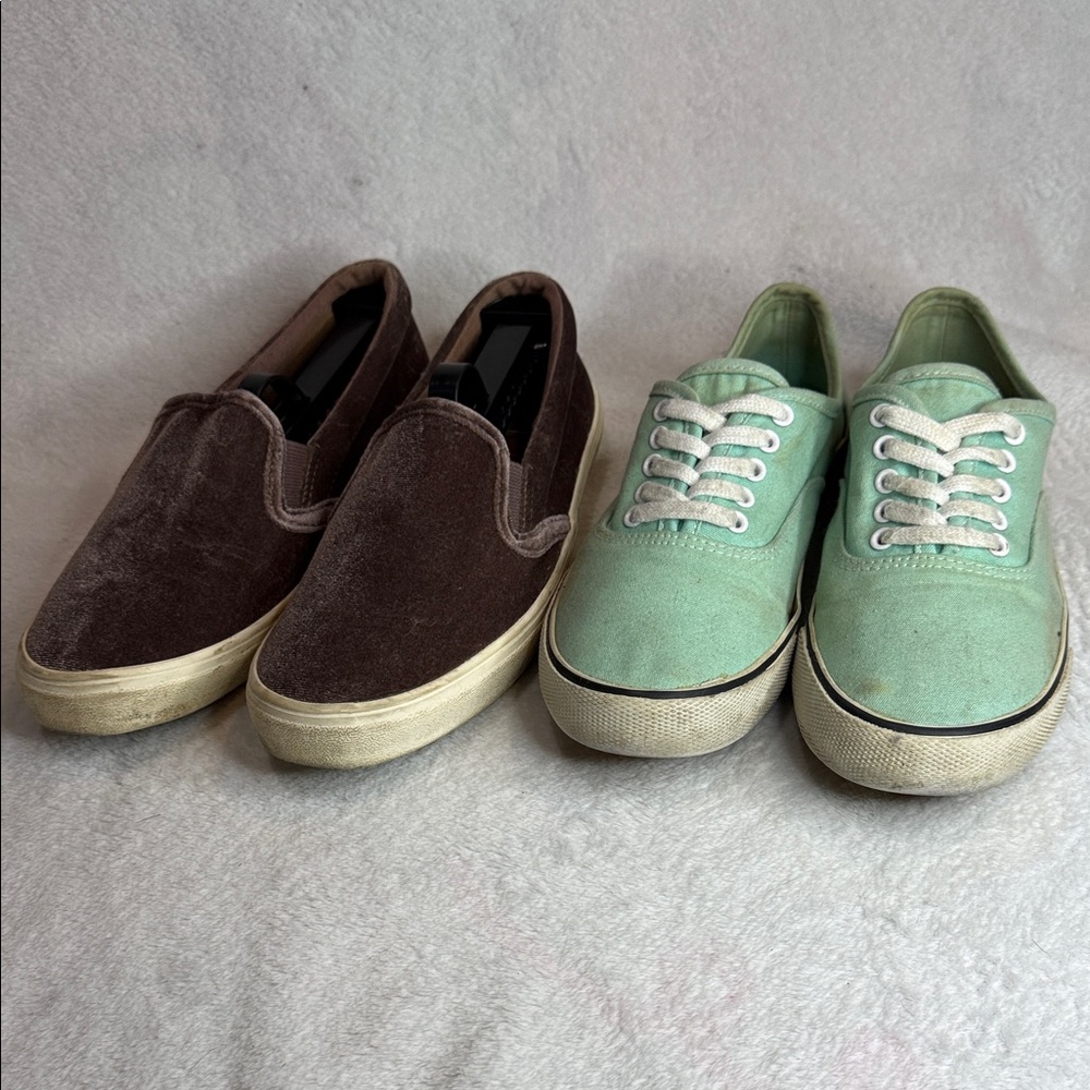 Brown Slip-On & Mint Lace-Up Canvas Sneakers - Women's Casual Set